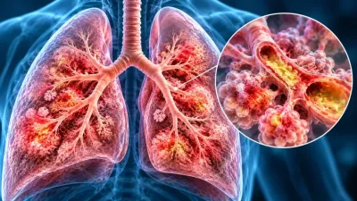 Ilustrație medicală a bronhopneumoniei, cu focare inflamatorii în bronhiole și alveolele pulmonare