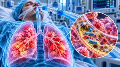 Ilustrație medicală a pneumoniei asociate ventilației mecanice, cu pacient intubat, plămâni inflamați și bacterii la nivelul alveolelor