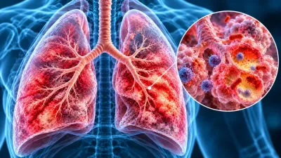 Ilustrație medicală a pneumoniei comunitare, cu inflamația alveolelor și focare de infecție pulmonară