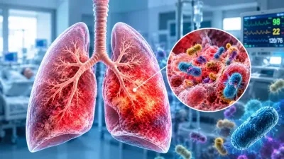 Ilustrație medicală a pneumoniei nosocomiale, cu infecție pulmonară dobândită în spital și bacterii la nivelul alveolelor