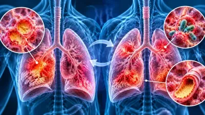 Ilustrație medicală a pneumoniei recurente, cu episoade repetate de inflamație pulmonară și afectarea bronhiilor și alveolelor