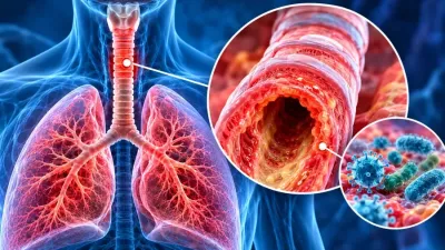 Ilustrație medicală a traheitei infecțioase, cu mucoasa traheală inflamată și secreții respiratorii