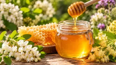 Miere naturală de albine într-un borcan de sticlă, alături de fagure și flori melifere