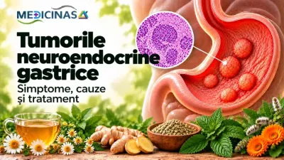 Tumori neuroendocrine gastrice – ilustrație medicală a nodulilor neuroendocrini dezvoltați în peretele stomacului