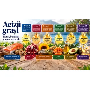 Acizii grași Omega-3, Omega-5, Omega-6, Omega-7 și Omega-9 – surse naturale din pește, semințe, nuci, rodie și cătină