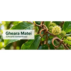 Gheara Matei (Uncaria tomentosa), liană amazoniană cu frunze verzi, spini curbați și inflorescențe globuloase
