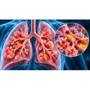 Ilustrație medicală a bronhopneumoniei, cu focare inflamatorii în bronhiole și alveolele pulmonare