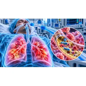 Ilustrație medicală a pneumoniei asociate ventilației mecanice, cu pacient intubat, plămâni inflamați și bacterii la nivelul alveolelor