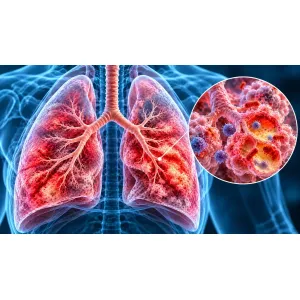 Ilustrație medicală a pneumoniei comunitare, cu inflamația alveolelor și focare de infecție pulmonară