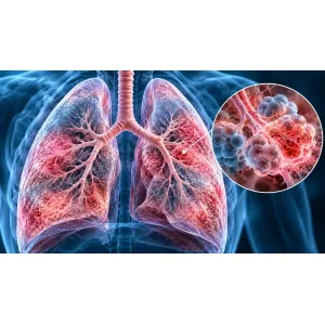 Ilustrație medicală a pneumoniei interstițiale, cu inflamația țesutului pulmonar și detaliu al alveolelor afectate