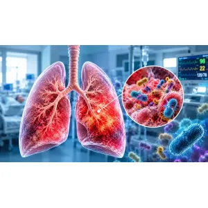 Ilustrație medicală a pneumoniei nosocomiale, cu infecție pulmonară dobândită în spital și bacterii la nivelul alveolelor
