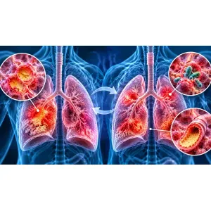 Ilustrație medicală a pneumoniei recurente, cu episoade repetate de inflamație pulmonară și afectarea bronhiilor și alveolelor