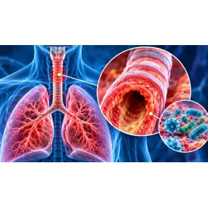 Ilustrație medicală a traheitei infecțioase, cu mucoasa traheală inflamată și secreții respiratorii