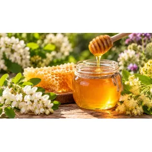 Miere naturală de albine într-un borcan de sticlă, alături de fagure și flori melifere