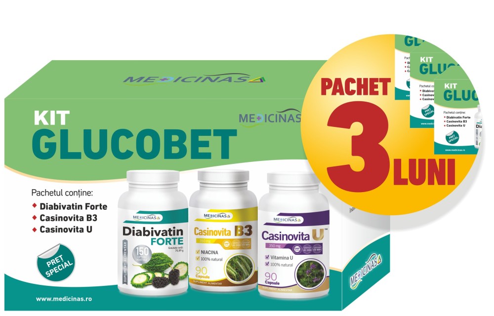 3 Luni Kit Glucobet - pentru a ține sub control glicemia, GRATUIT la prima comanda cartea ”Ce mănânci când ai diabet”.